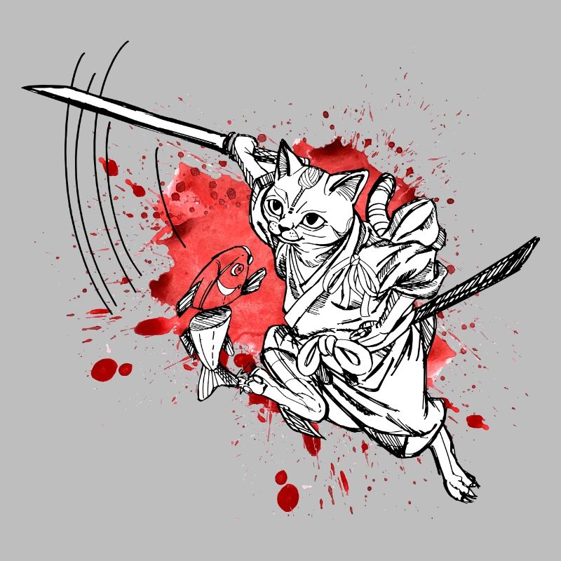 Cute samurai cat with sword and fish, splatter
