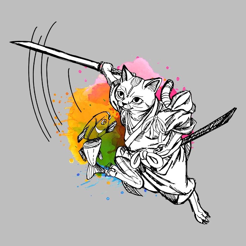 Chat samouraï mignon avec épée et poisson, couleurs