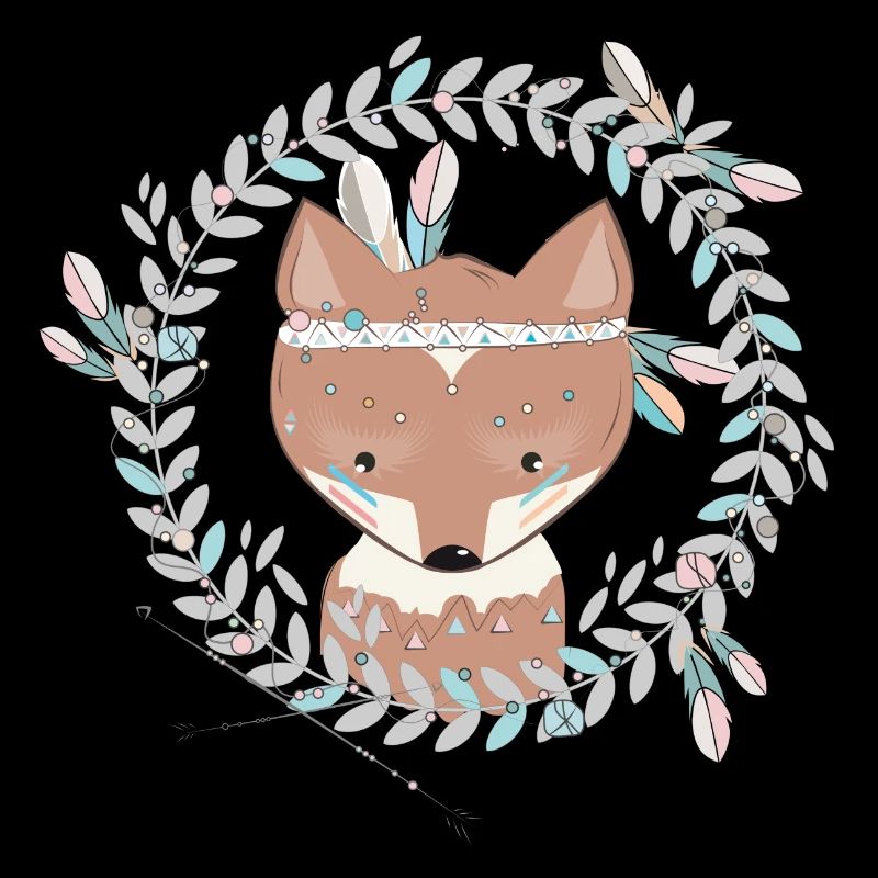 small fox with feather decoration in ethno frame