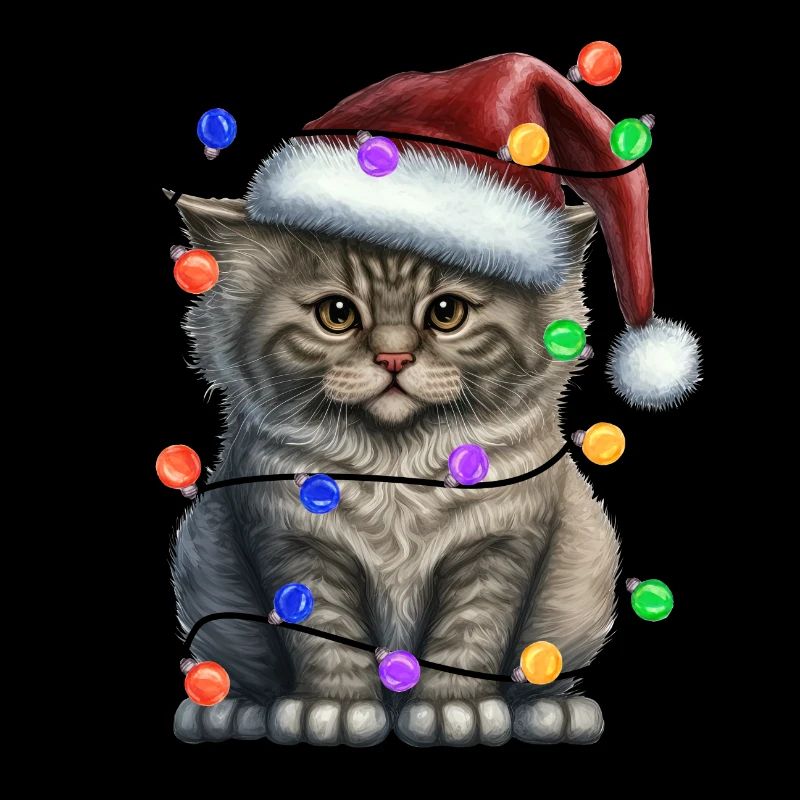 Cat with Christmas hat and lights