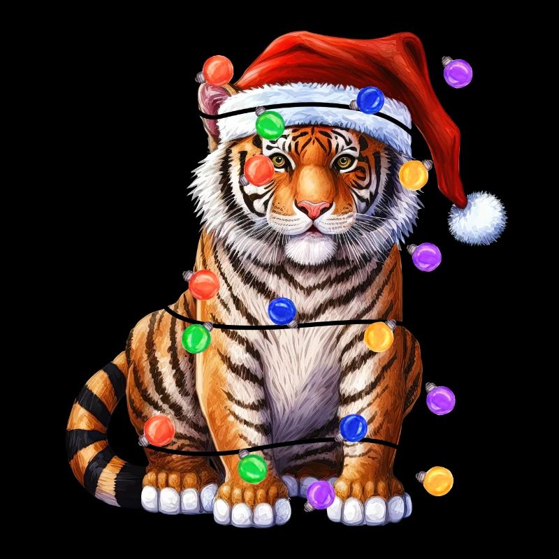 Tiger with Christmas hat and lights