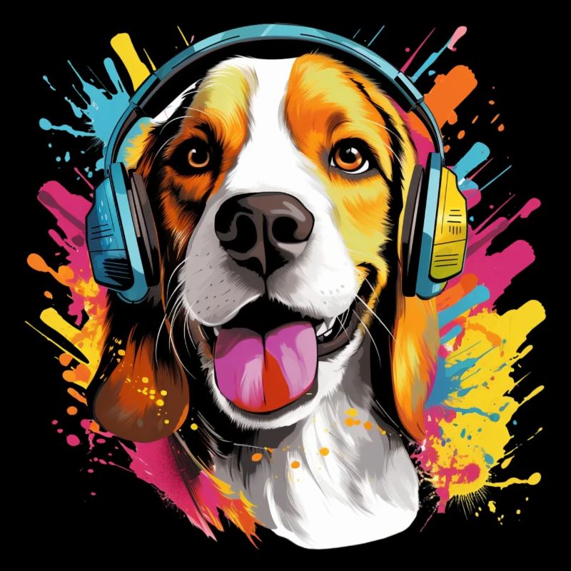 Bunter Beagle mit Kopfhörer Farbspritzer