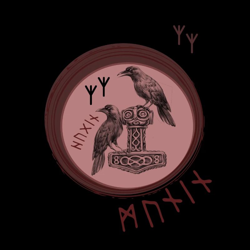 Thor Hammer Mjölnir with Odin Ravens Hugin and Munin