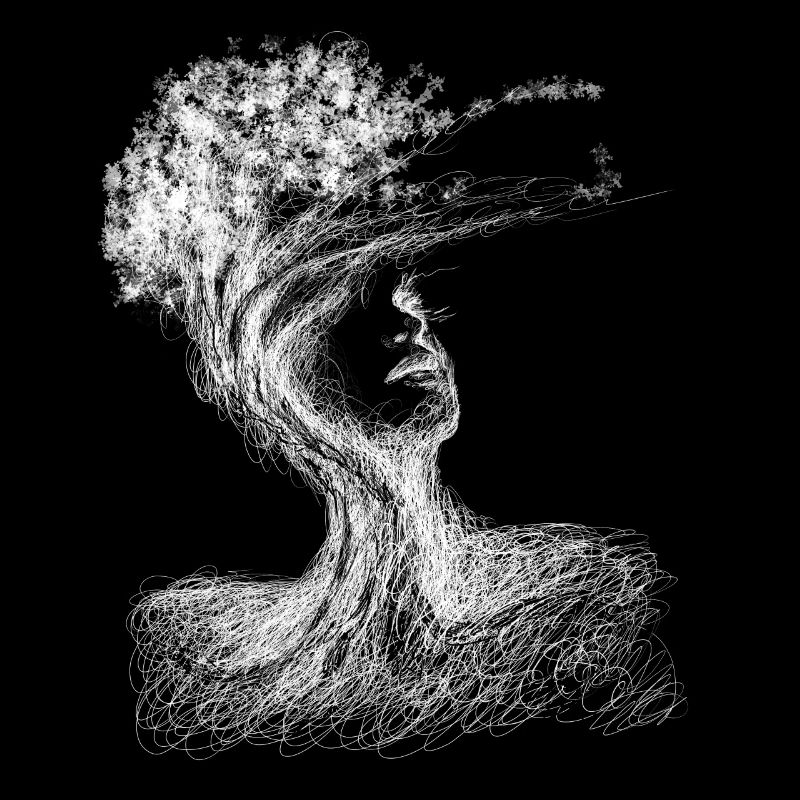 Woman dissolves in nature on leaves tree