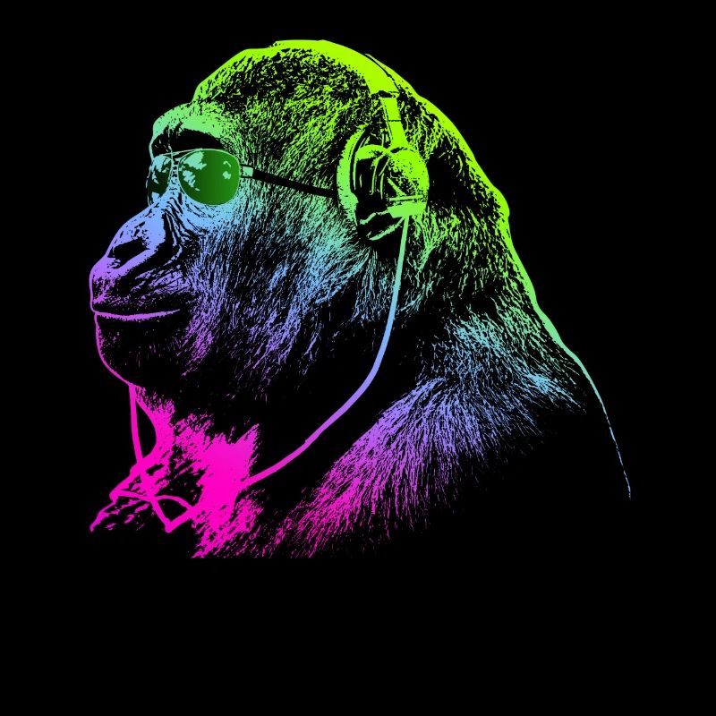 Affe mit Kopfhörern & Sonnenbrille hört Musik