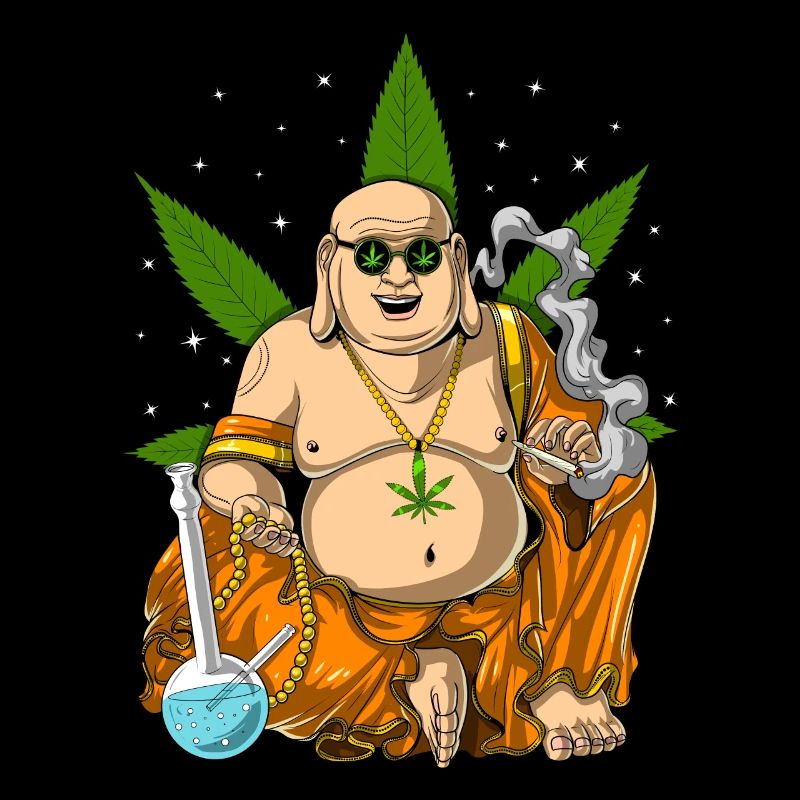 Buddha, der Unkraut raucht