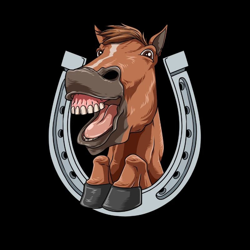 Horse laughs and shows teeth with horseshoe