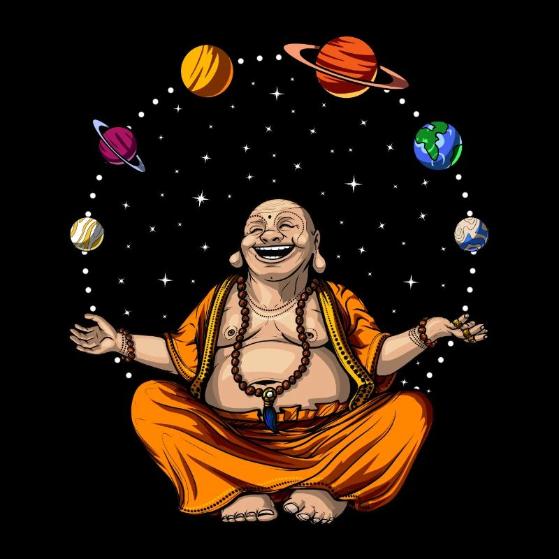 Bouddha jonglant avec les planètes spatiales