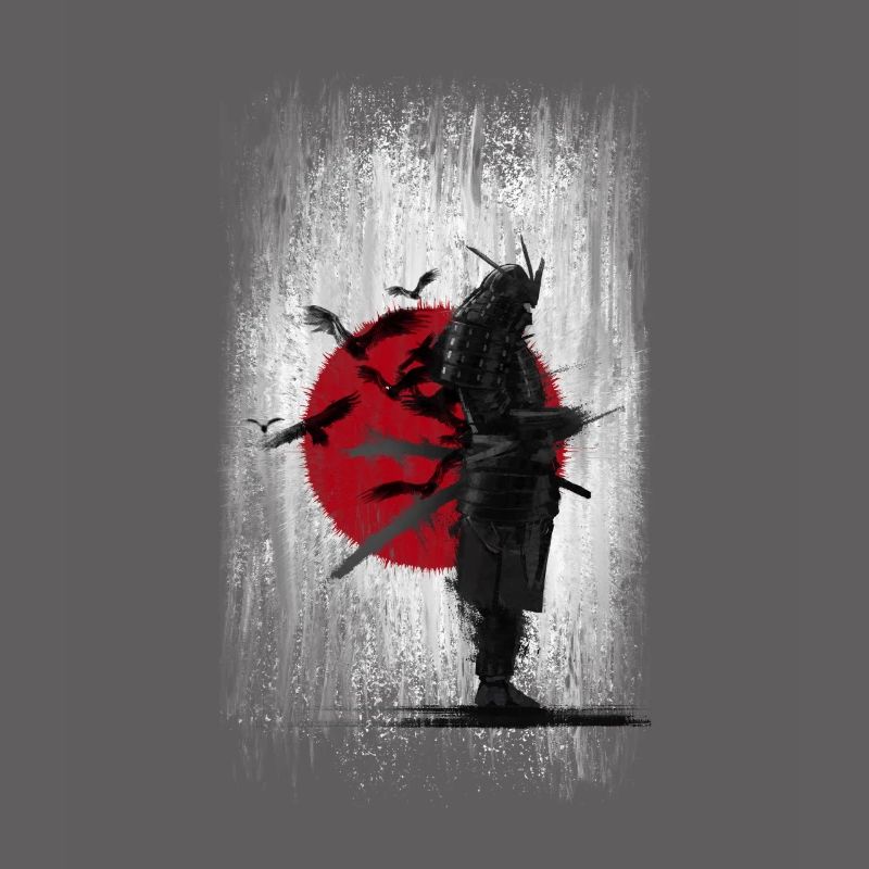 Samouraï devant le drapeau du Japon corbeaux et oiseaux, épée