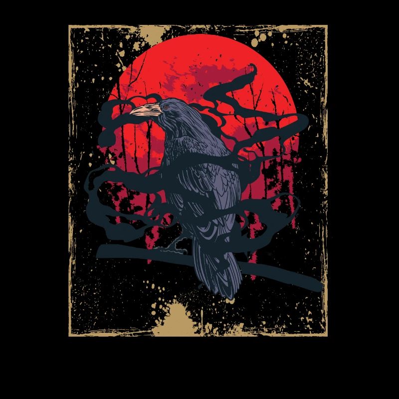 Gothic Skull-Red Moon-Black Crow