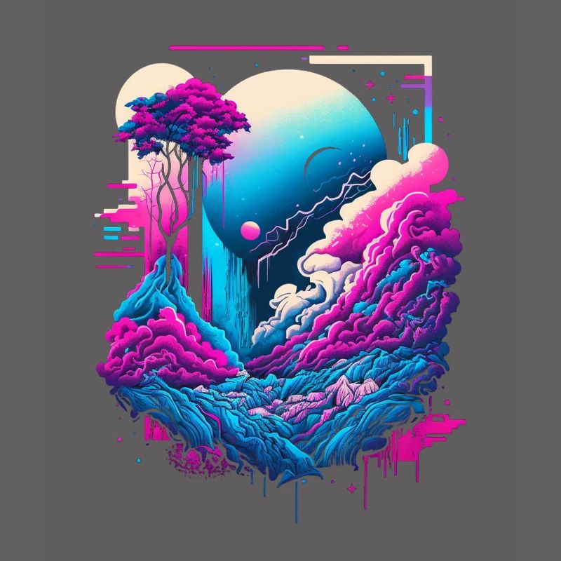Vaporwave Abstract Landscape Moon Tree Waterfall