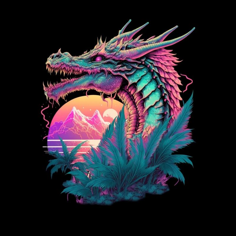Dragon Vaporwave Abstract Landscape Moon Tree