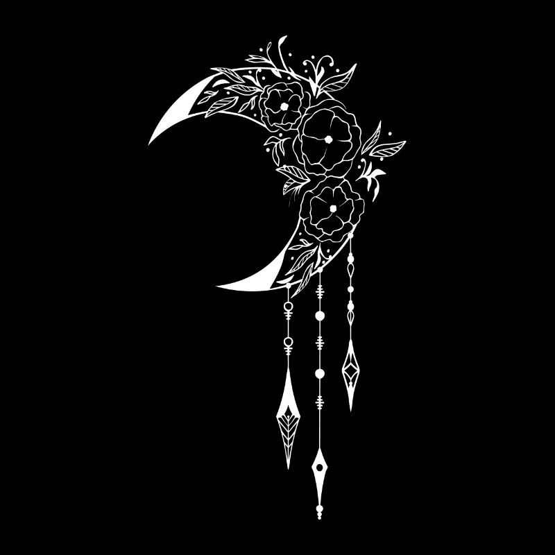 Conception mystique Wiccan avec croissant de lune et fleurs