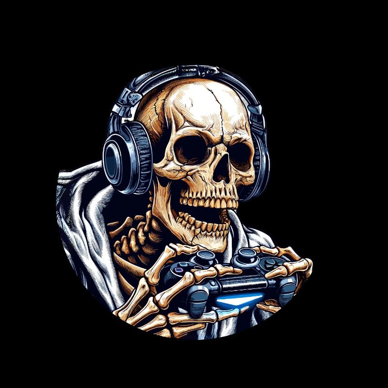 Skelett mit Gamecontroller und Kopfhörern