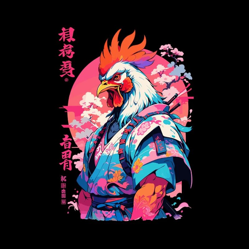 Rooster Yokai Vaporwave Aesthetic Samurai Art