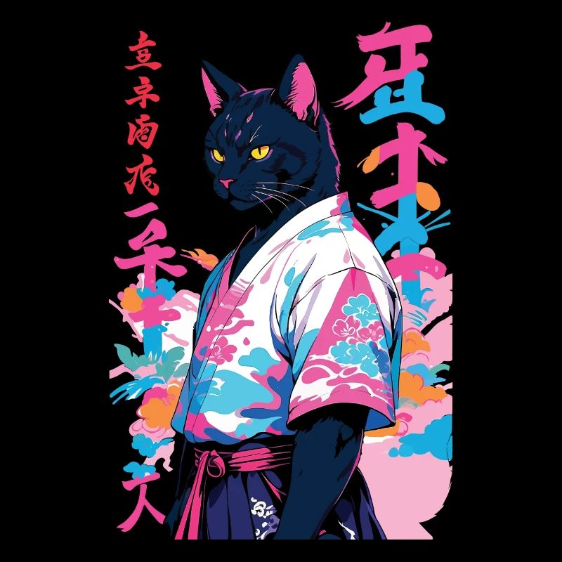 Chat Samouraï Vaporwave Esthétique Art Samouraï