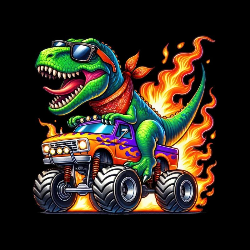 Adventurous dinosaur on monster truck