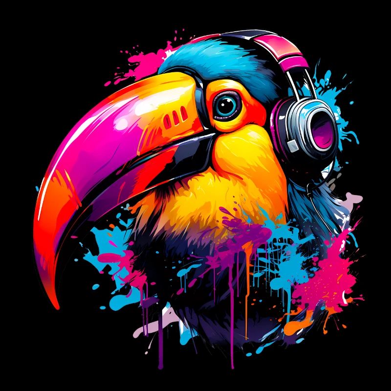 Toucan coloré avec écouteurs
