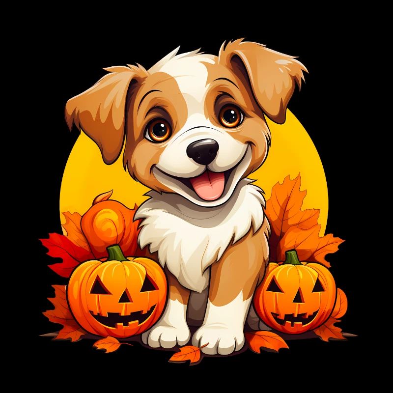 Chiot mignon avec des feuilles et des citrouilles