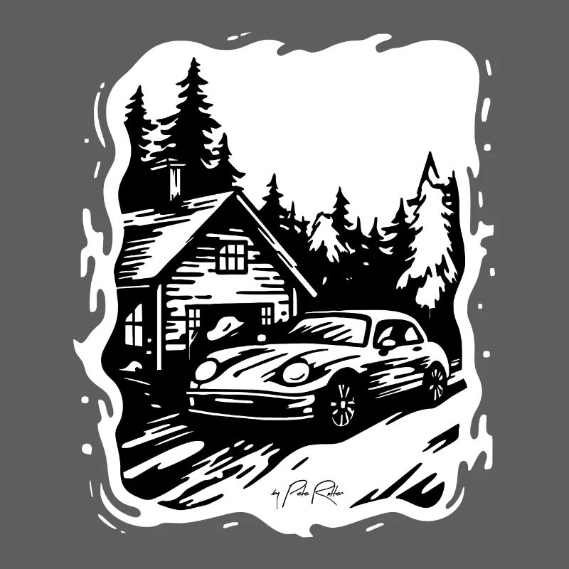 Haus oder Hütte im Wald mit Auto