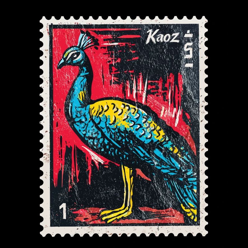 Peacock on stamp – elegant & colourful