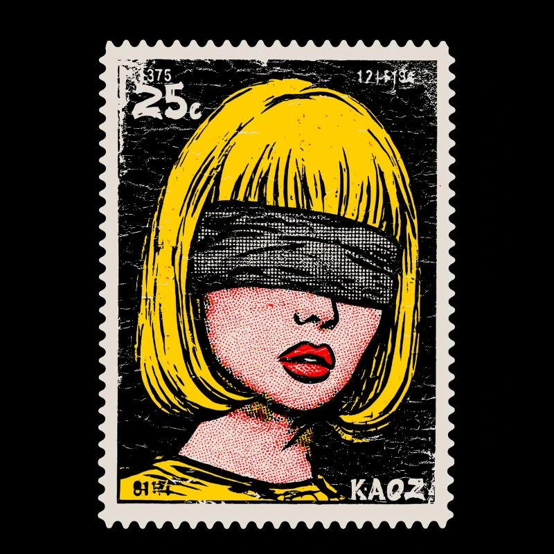 Frau mit Augenbinde im Pop-Art Briefmarke