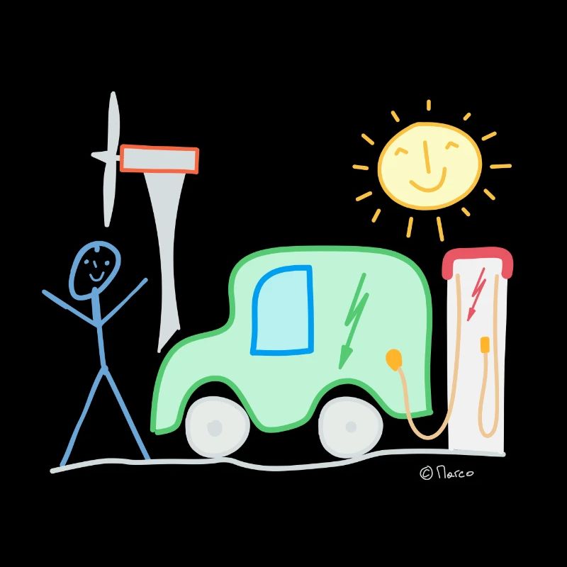 E-Auto Strichmännchen Sonne Ladesäule Spannung