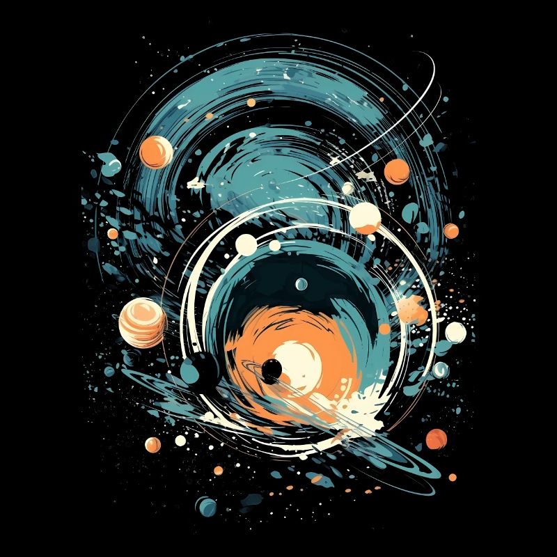 Retro space pattern in blue, turquoise, orange and beige
