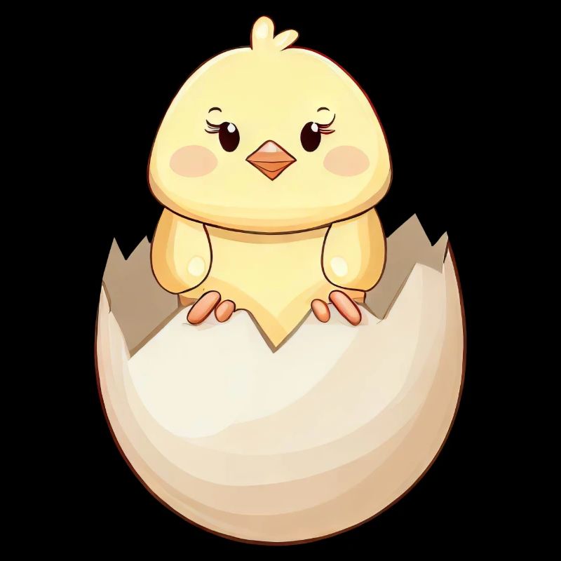 Cute kawaii chick, hatching from eggshell