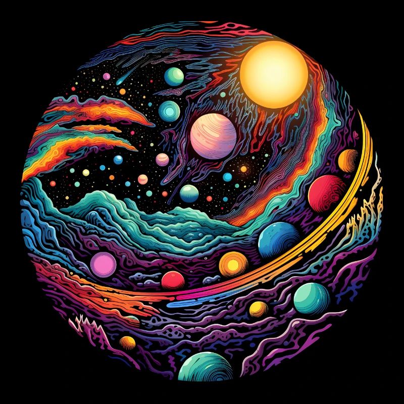 Surrealist space artwork with planets