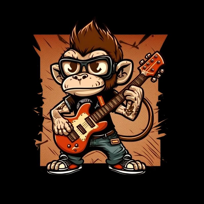 Affe Schimpanse spielt Acousitc Rock Gitarre