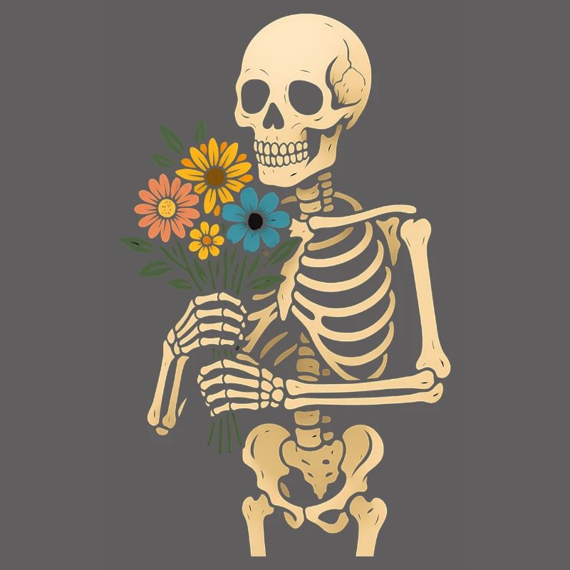 Squelette avec bouquet de fleurs