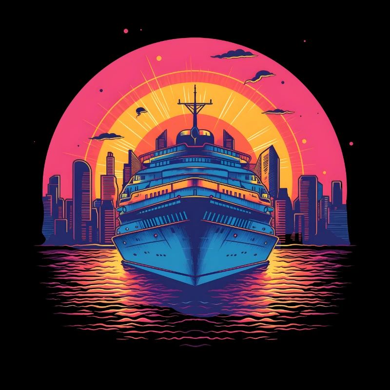 Coucher de soleil sur le bateau de croisière Synthwave