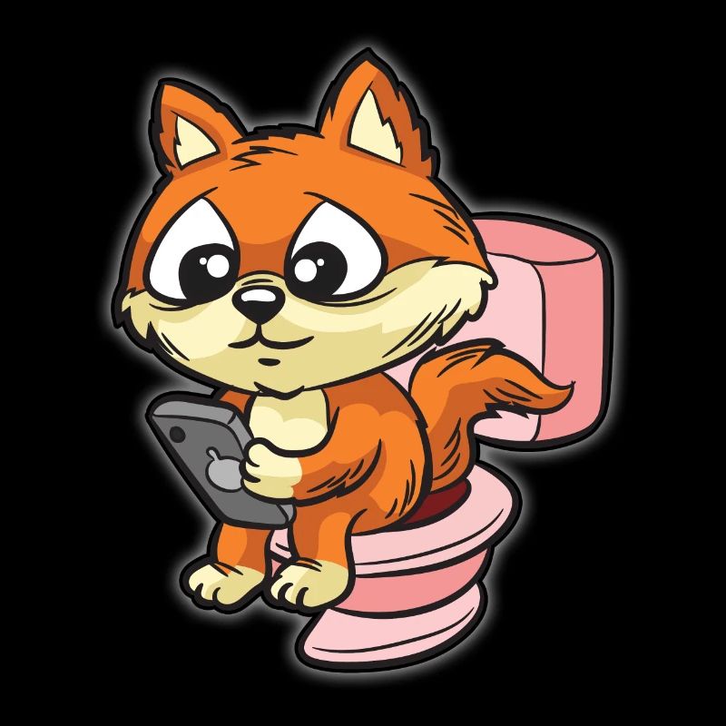 Cute fox using smartphone on toilet