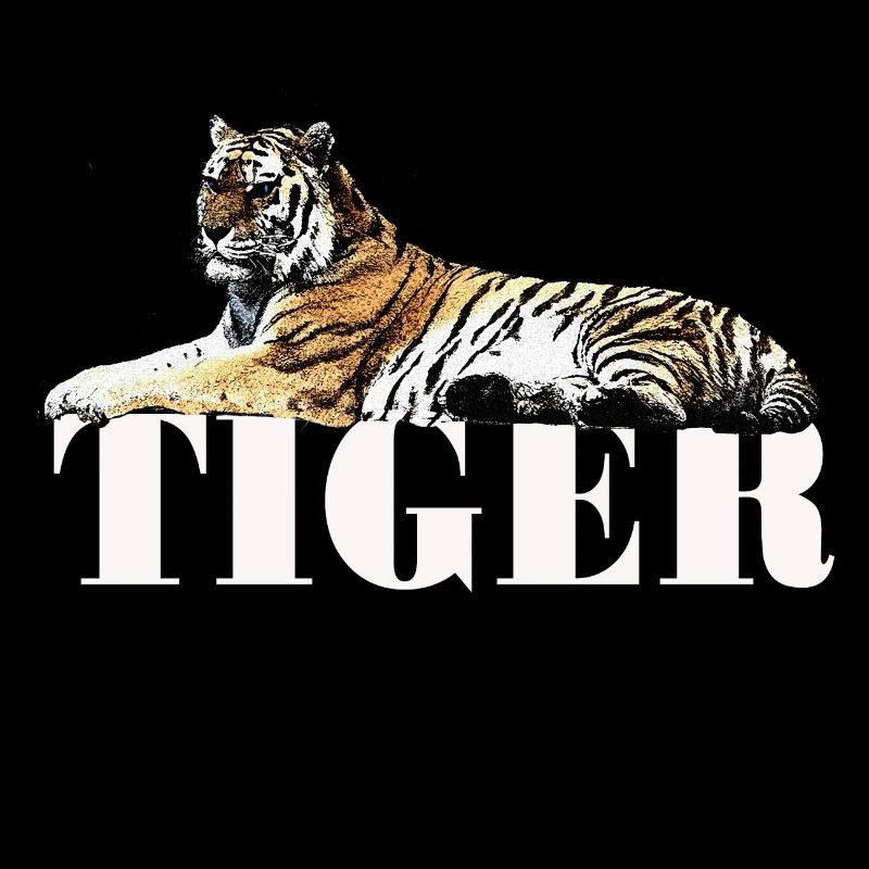 Lying tiger on white lettering