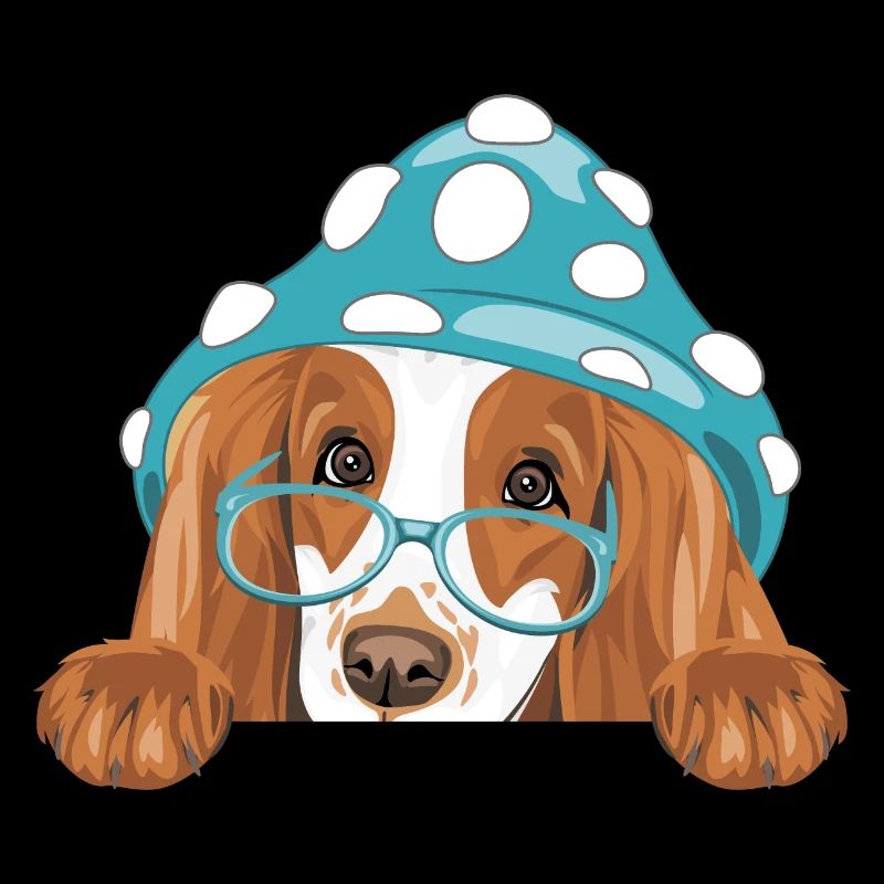 Chien Peeking Cocker Spaniel avec chapeau d’amanite bleue