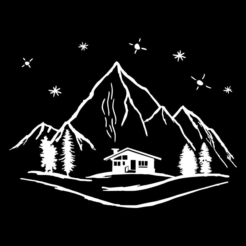 Mountains, hut and forest with starry sky