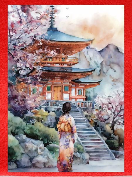 Kimono-Pagode und Kirschbäume