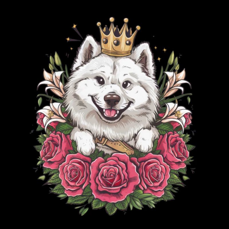 Süßer Samojede Spitz mit Rosen und Lillien