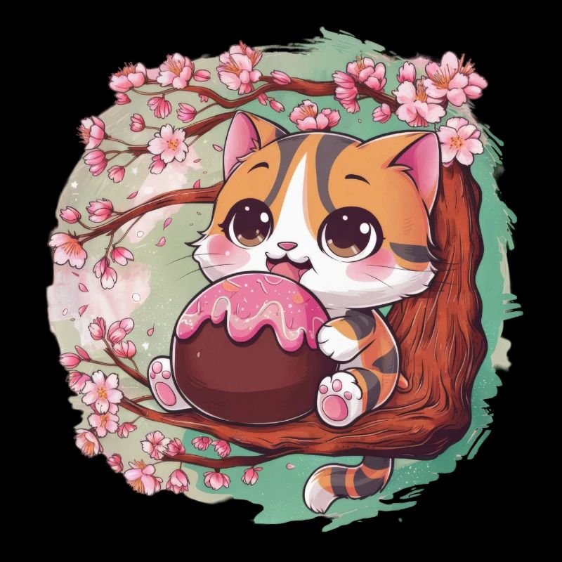 Mignon chat Kawaii avec Hanami Dango + fleurs de cerisier