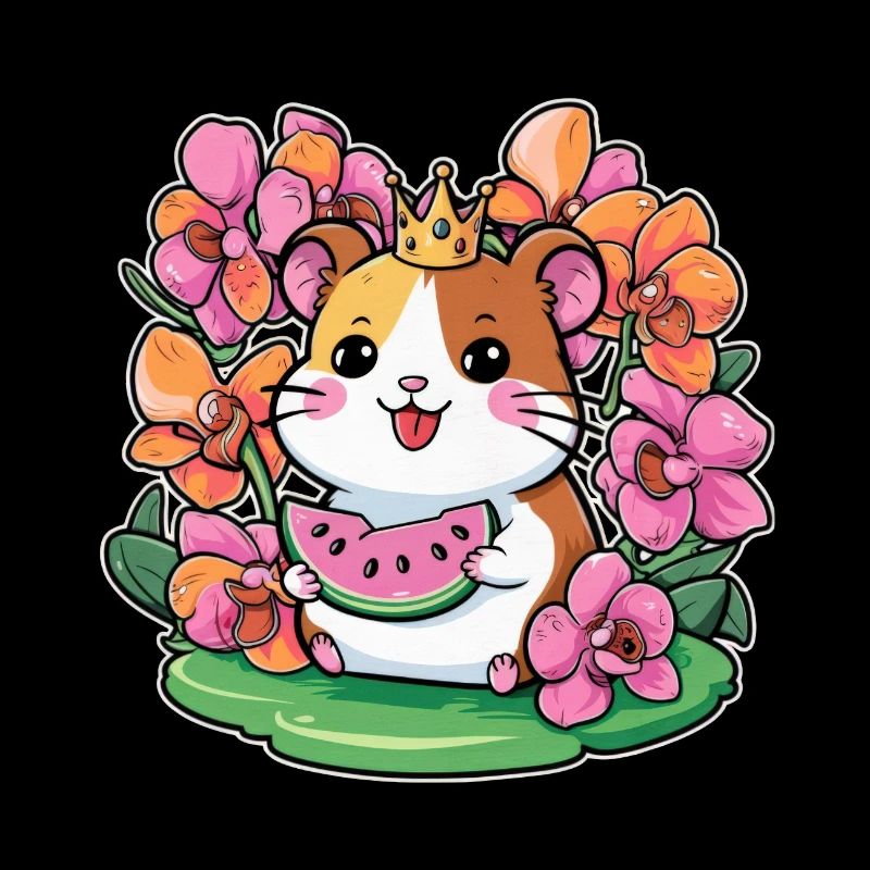 Hamster kawaii avec pastèques et orchidées