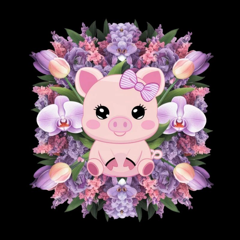 Cochon de style kawaii de dessin animé avec des orchidées