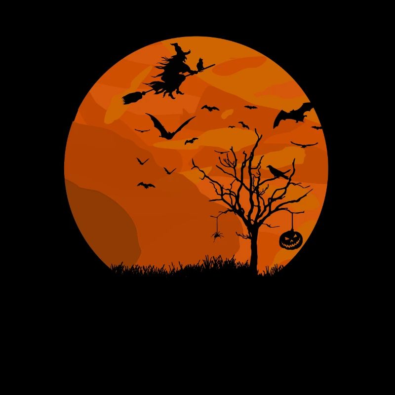 Halloween moon with bat pumpkin witch raven