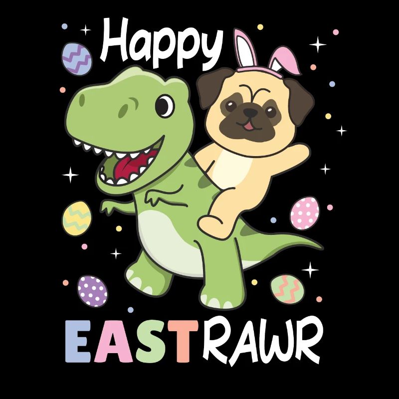 Pug with T-Rex Easter Estrawr Easter pun