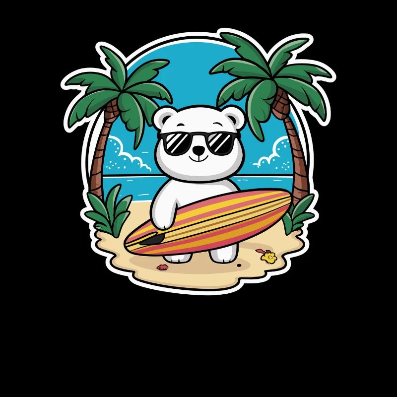 Cool polar bear on the beach with surfboard
