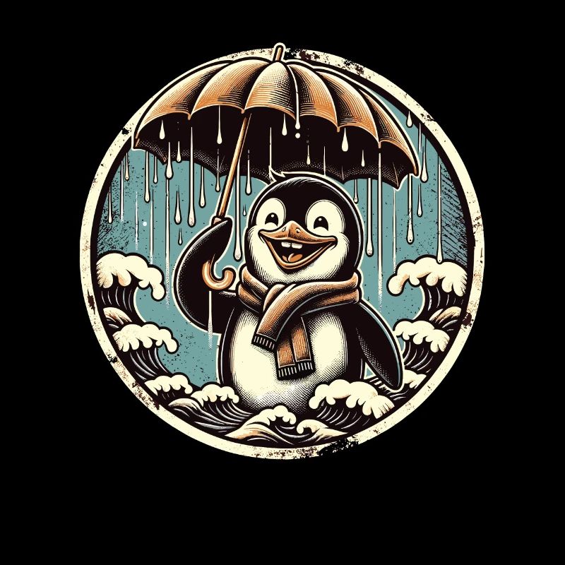 Fröhlicher Pinguin bei Regen mit Regenschirm