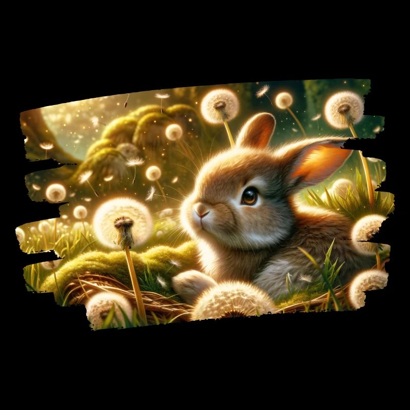 Spring dream with rabbit among dandelions