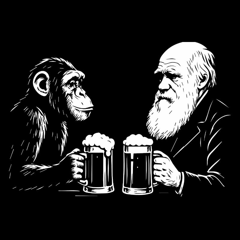 Charles Darwin is drinking beer with monkey