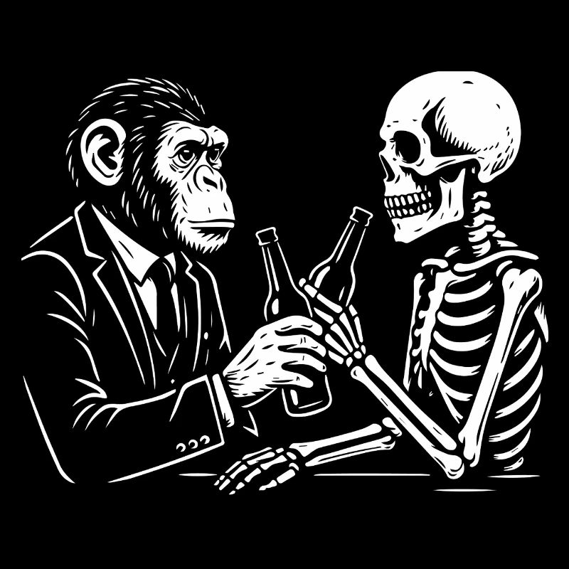 monkey and skeleton drinks beer in the pub.