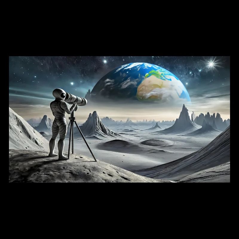 grey alien on the moon surface – observing earth